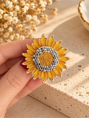 Sunflower Brooch Pin Gold Yellow Crystal Floral Vintage Statement Jewelry